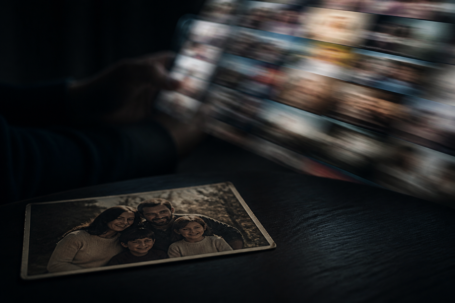 A noisy feed beside a quiet family photograph