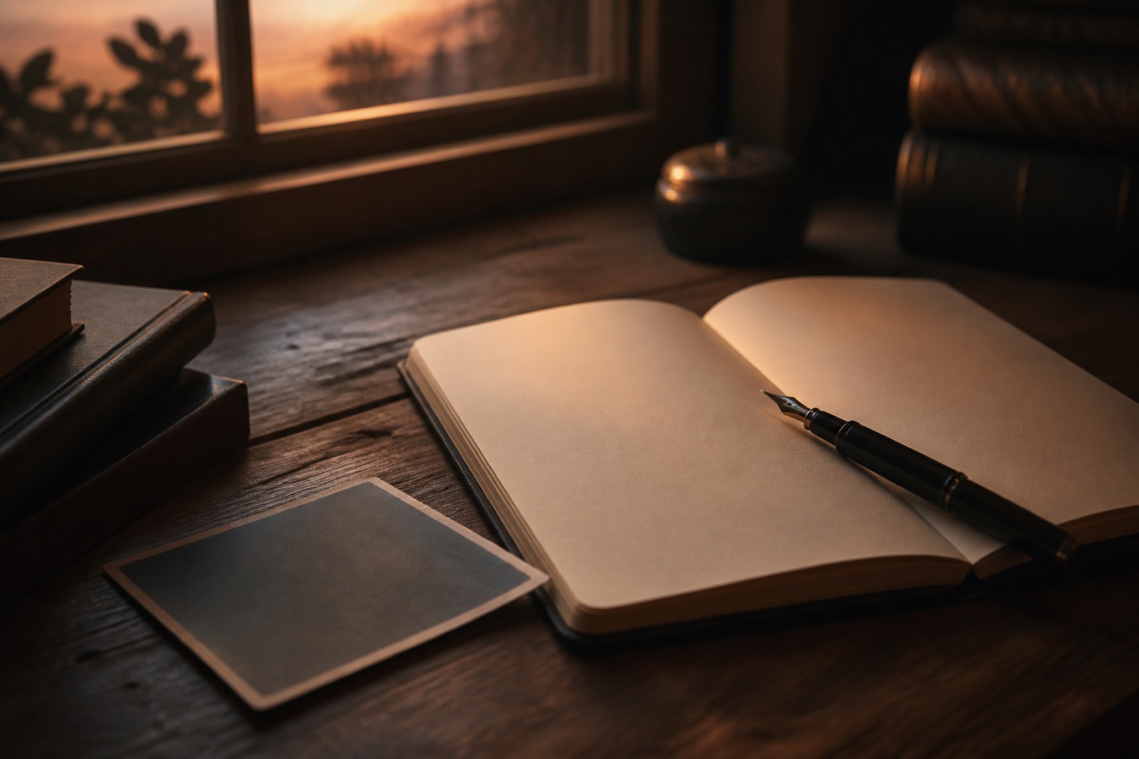 Illustrative desk with notebook and photograph