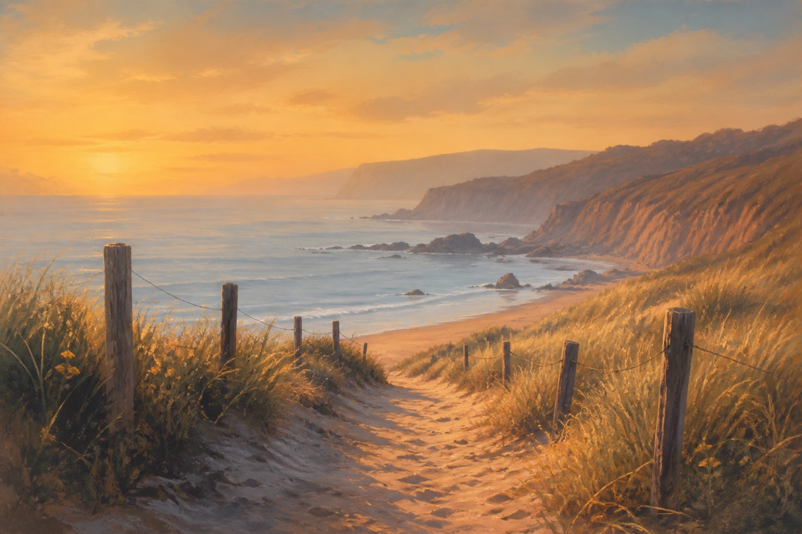Illustrative quiet coastal path at golden hour